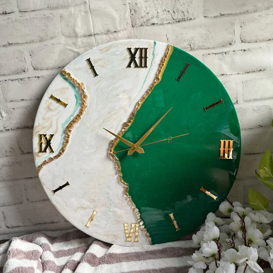 Ultimate Green & White Epoxy Resin Wall Clock (Size 12 inch)