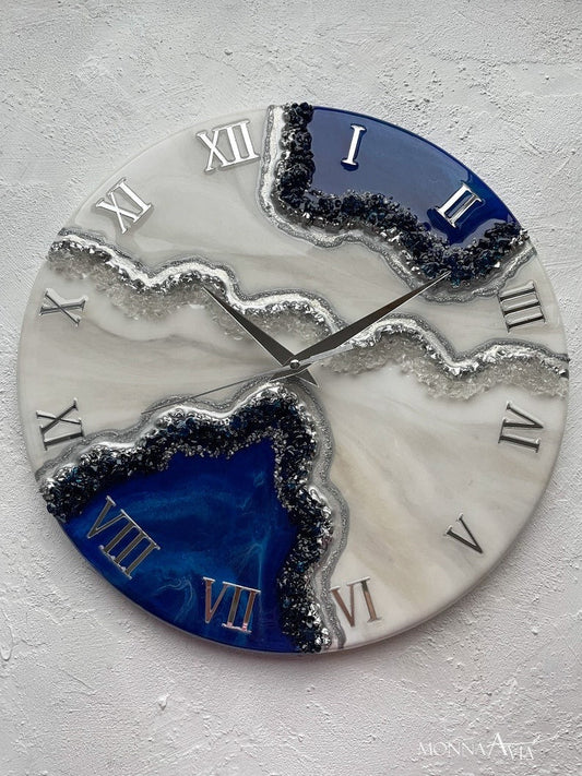 Silver Blue Epoxy Wall Clock (Size 12 inch)